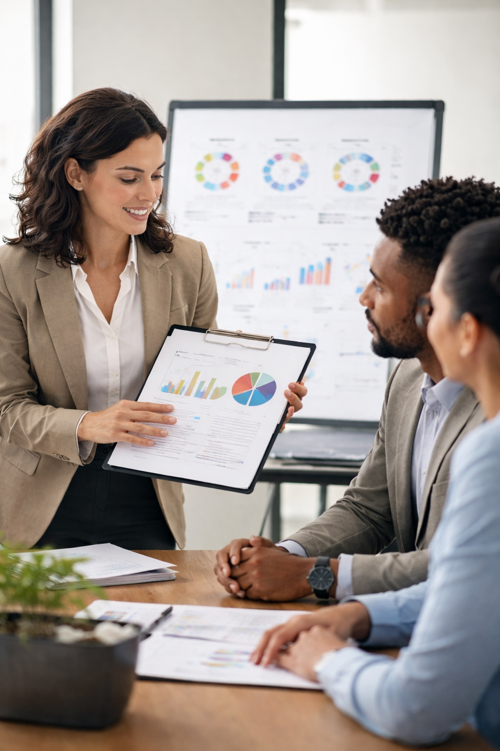 Image of a businesswoman presenting assessment results to two people