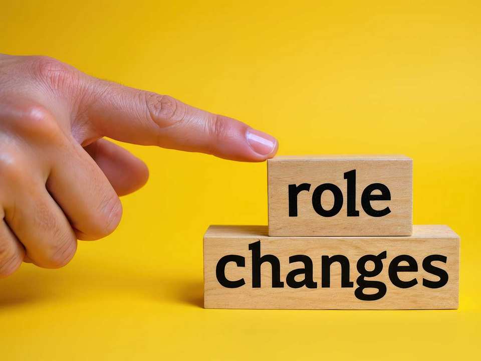 Image: hand points at wooden blocks spelling "role changes"
